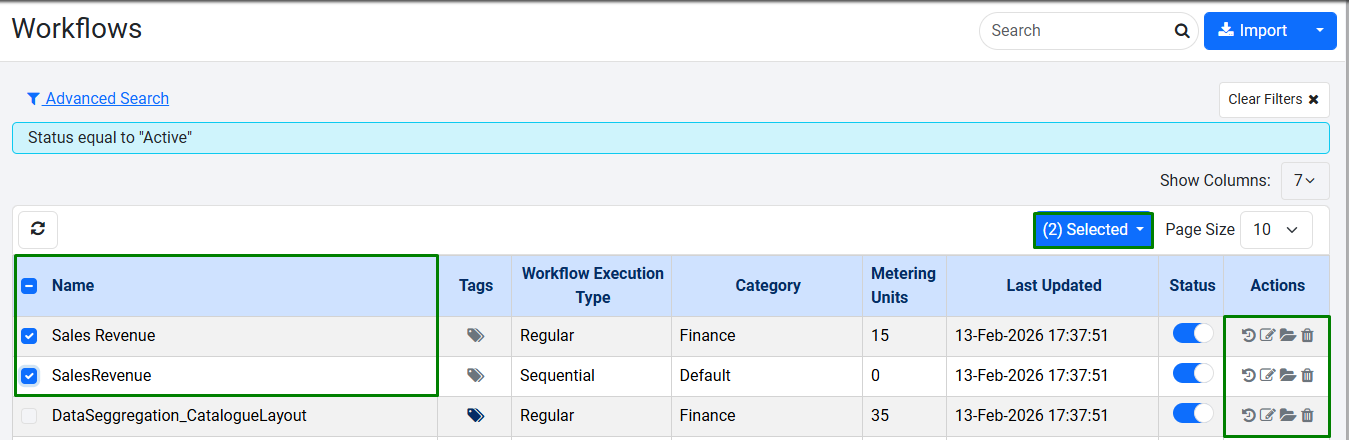 Workflows page Selected option