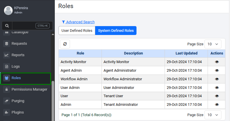 Roles - System Defined Roles tab