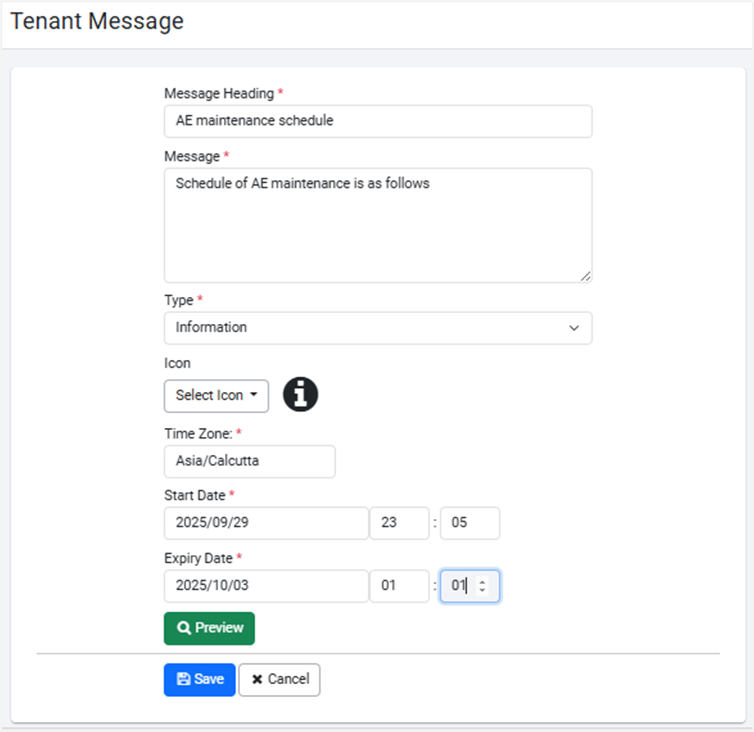 Tenant Message fields