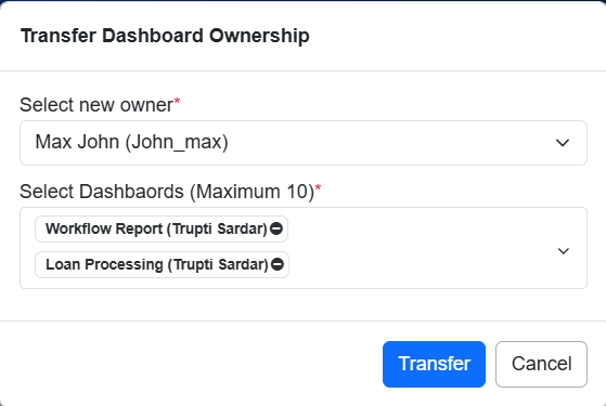 Transfer Dashboard Ownership dialog