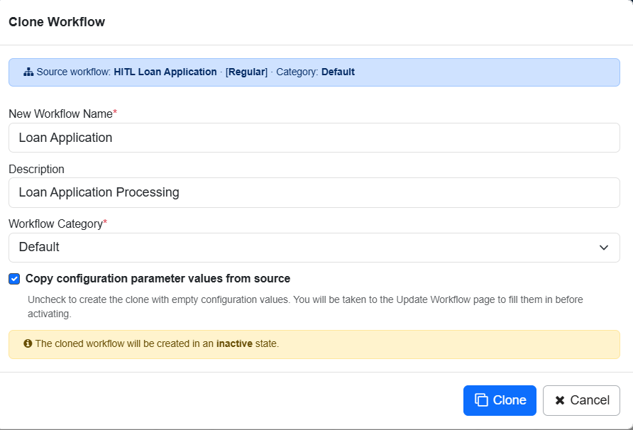Clone Workflow dialog