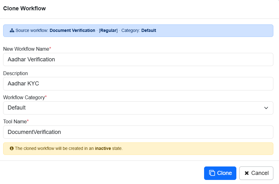 Clone Workflow dialog with Tool Name