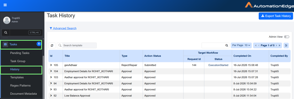 Task History page view
