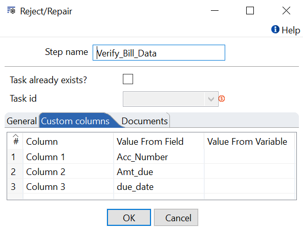 Values given for Column in Reject/Repair step