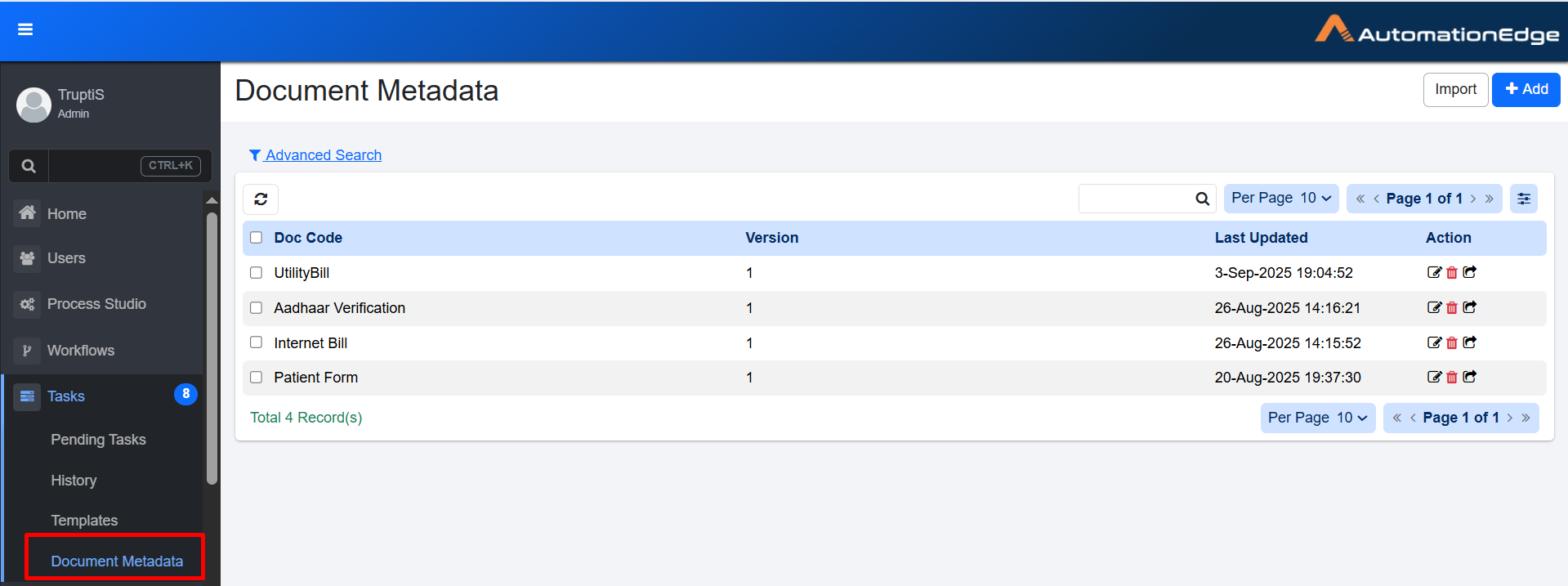 Document Metadata page