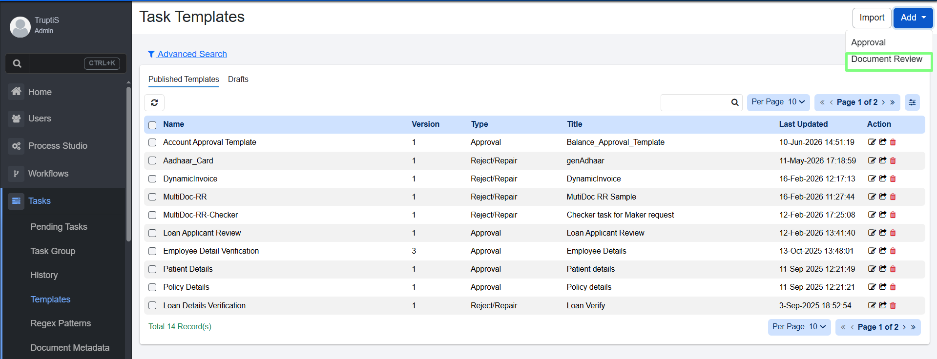 Task Templates: Document Review page