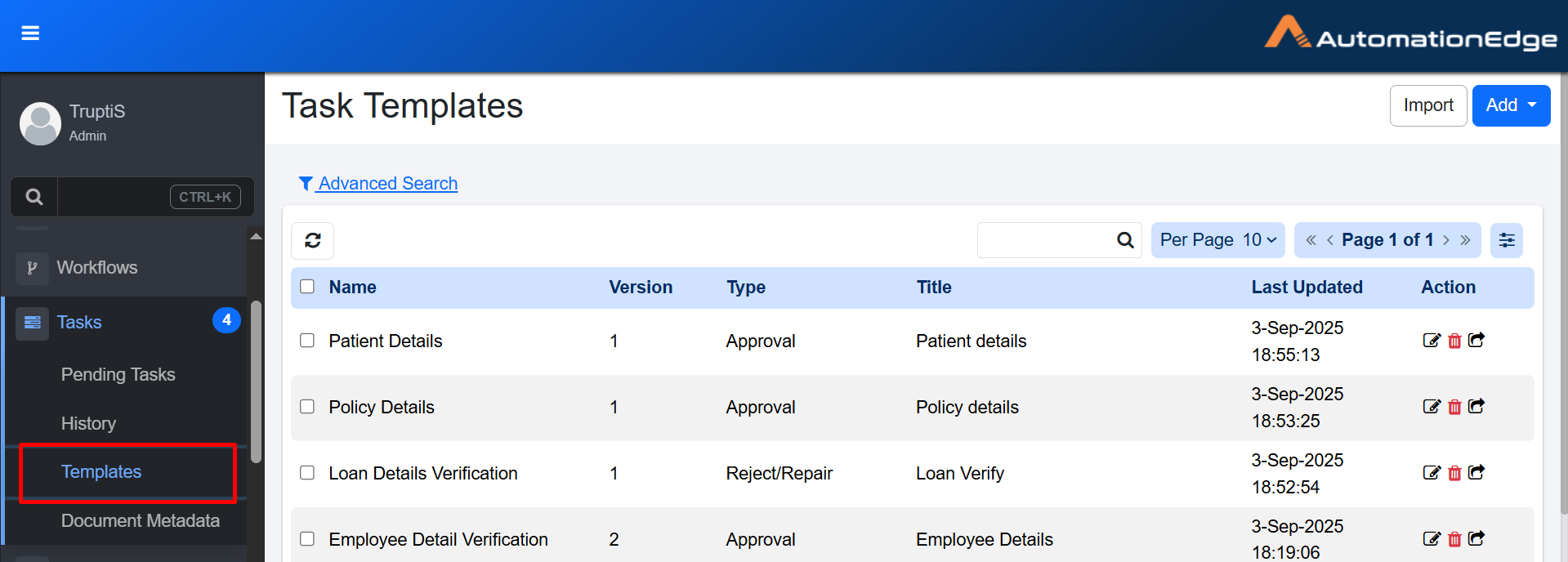 Task Templates page