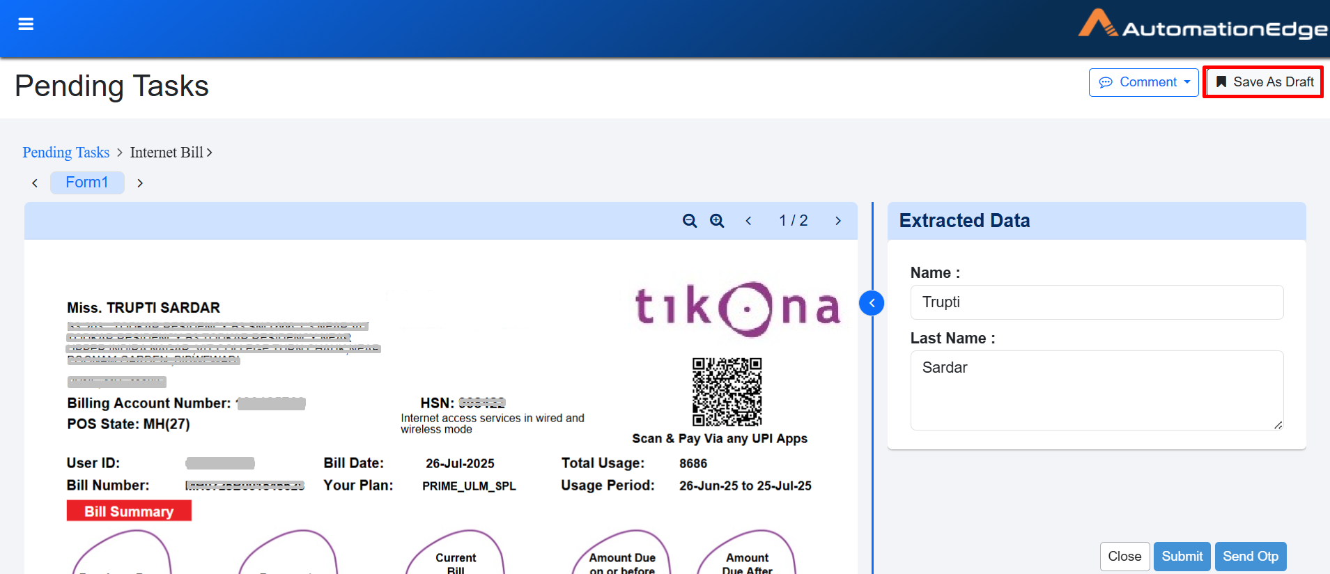 Extracted Data view