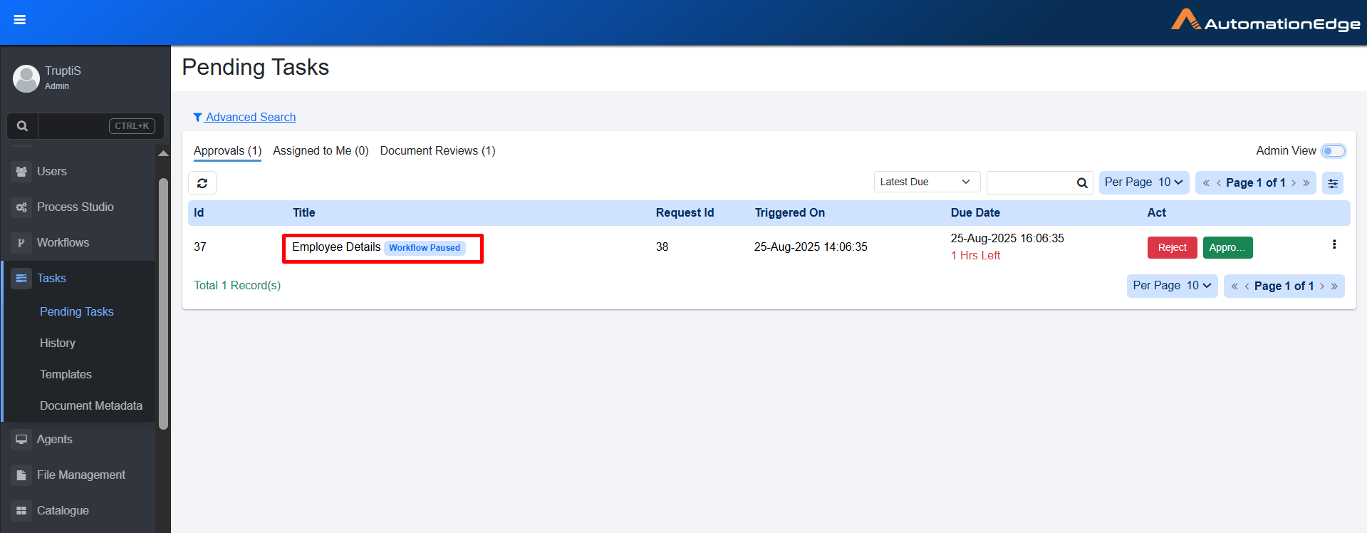 Pending Tasks - Approvals tab