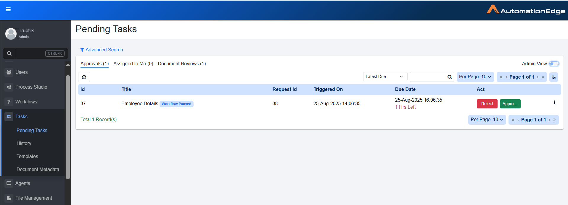 Pending Tasks page