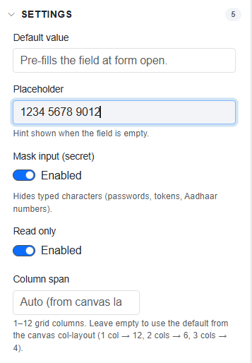 Properties of textbox - Settings