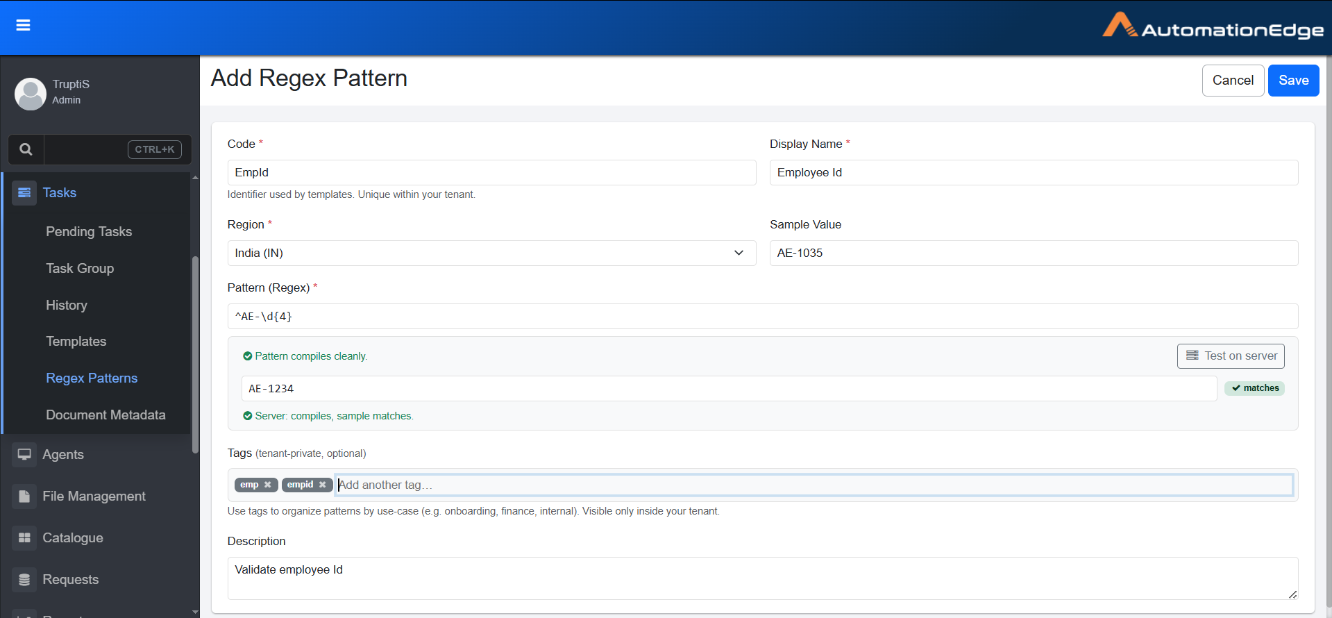 Add Regex Pattern page