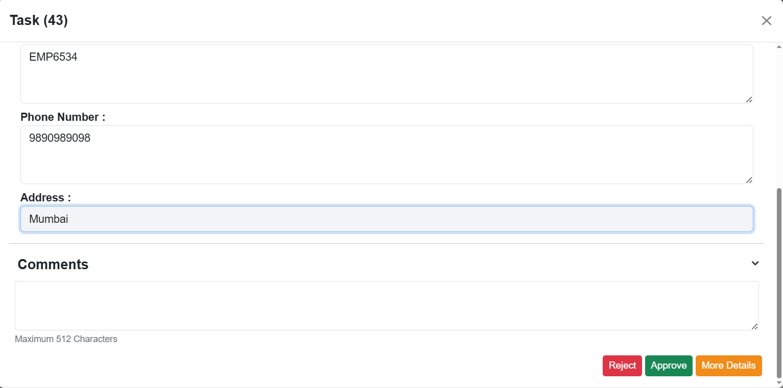 Task detail page with data fields and action buttons