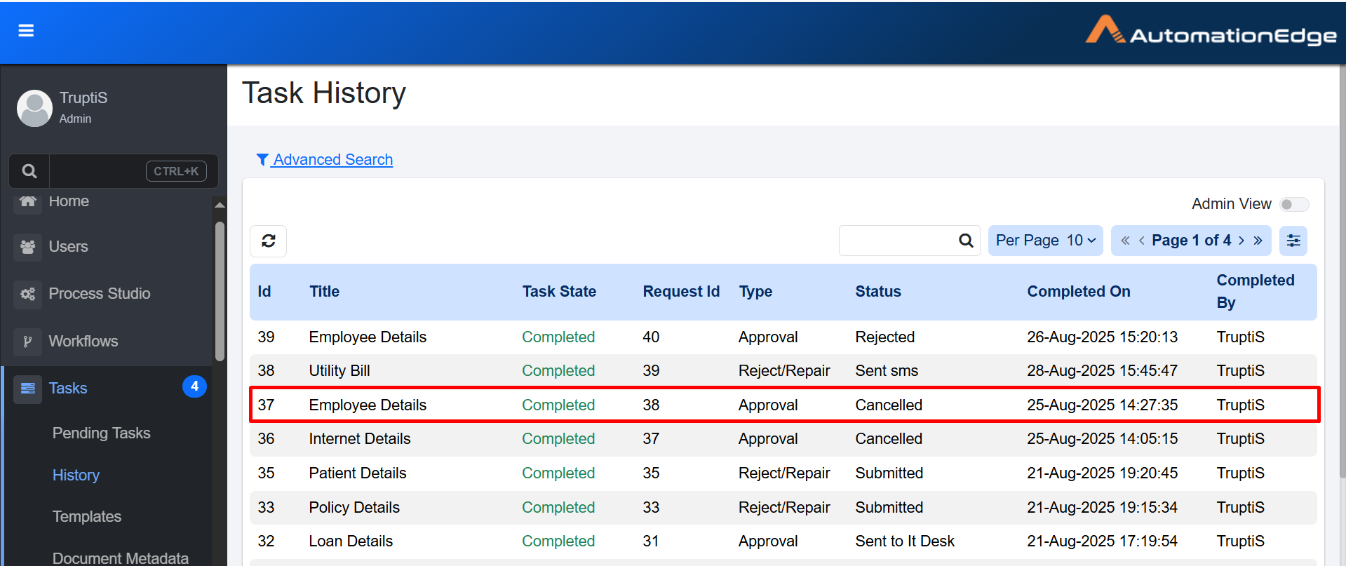 Task History page view