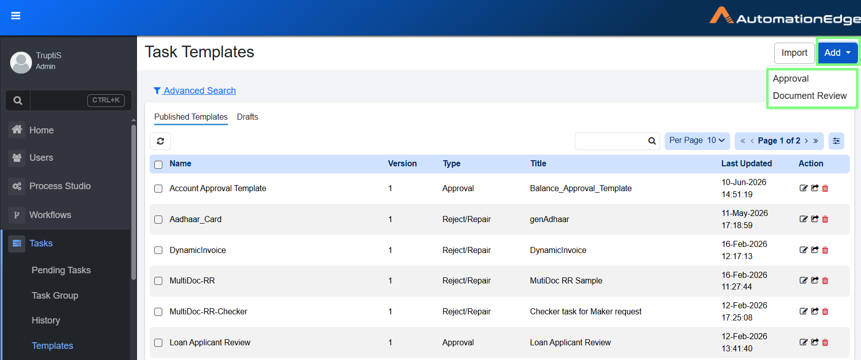 Task Templates page