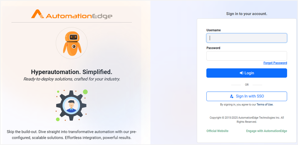 AutomationEdge sign in page