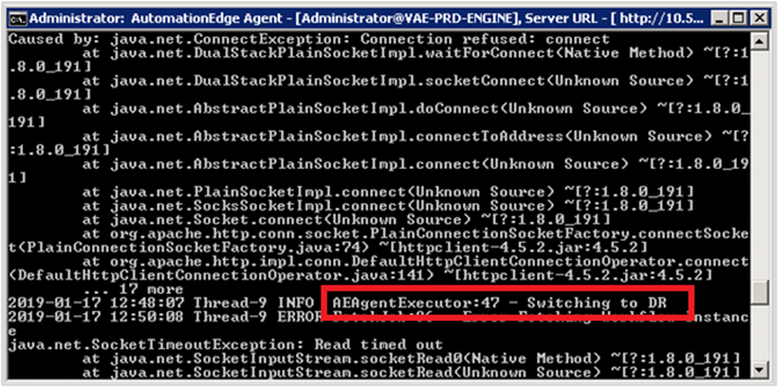 Command prompt showing an Agent transitioning to the DR site