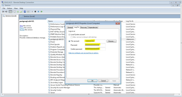PostgreSQL service Properties dialog showing the Log On tab