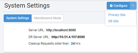 AutomationEdge System Settings showing Primary and DR site server URLs