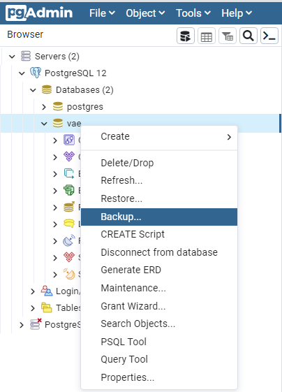 Database backup dialog