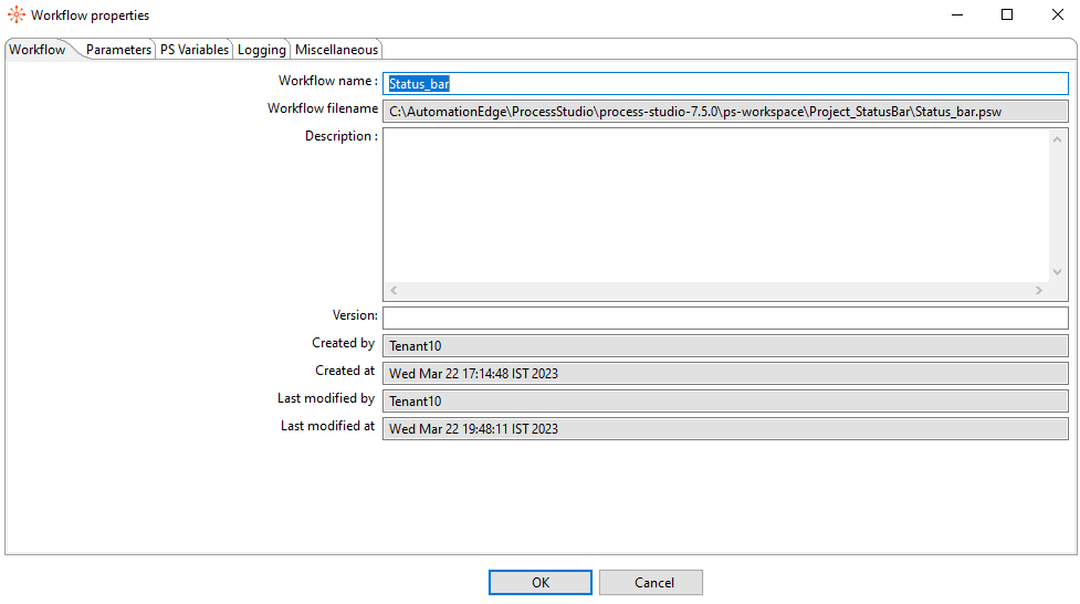 Workflow properties dialog