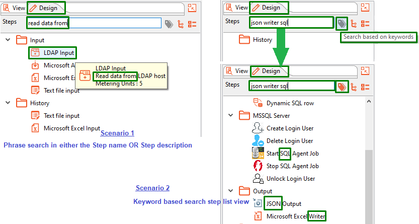 Design tab search scenarios view