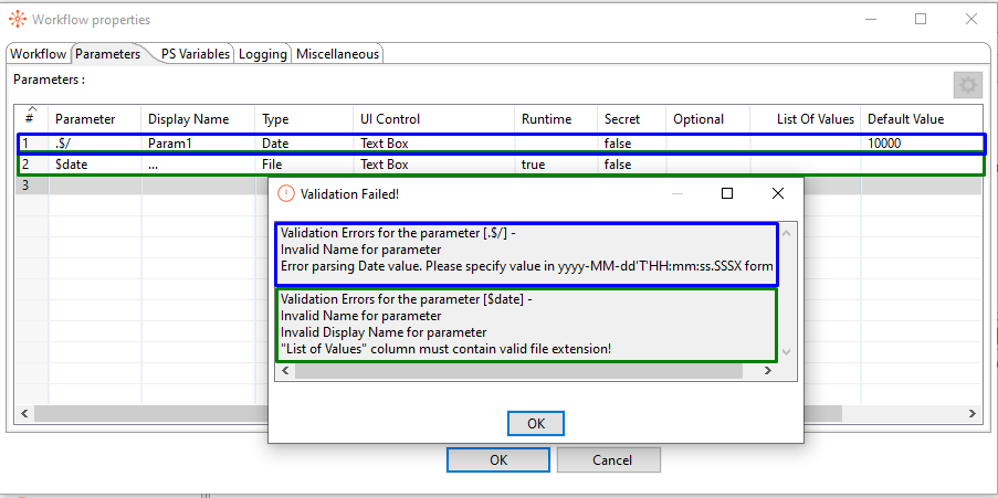 Validation Failed dialog