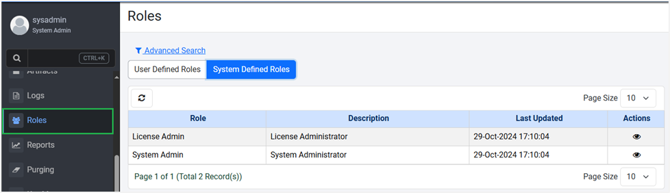 Roles page with User Defined Roles and System Defined Roles tabs