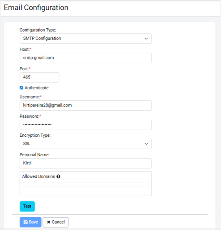 SMTP Email Configuration page