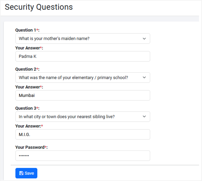 Security Questions dialog