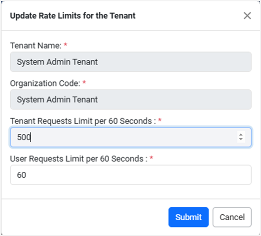 Update Rate Limits for the Tenant dialog