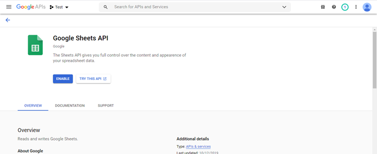 Google Developer Console - Enable APIs and Services