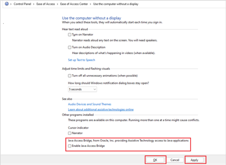 Windows Control Panel Ease of Access with Enable Java Access Bridge checkbox