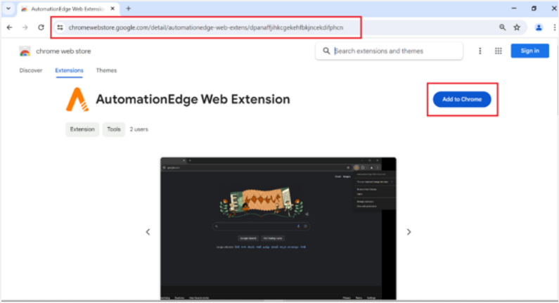 Chrome Web Store page with Add to Chrome button for AutomationEdge extension