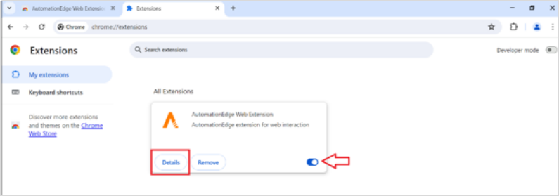 Chrome Extensions page with AutomationEdge Web Extension enabled
