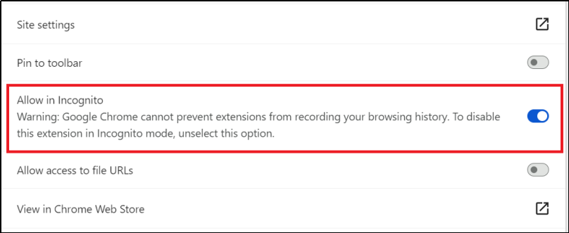 Chrome extension details page with Allow in Incognito mode toggle