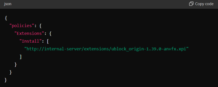 Firefox policies.json configuration example for extension deployment