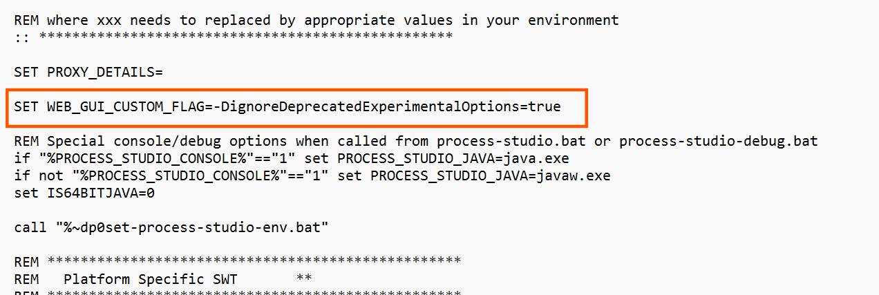 Process Studio process-studio.bat showing WEB_GUI_CUSTOM_FLAG configuration