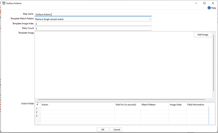 Surface Actions dialog with captured template image
