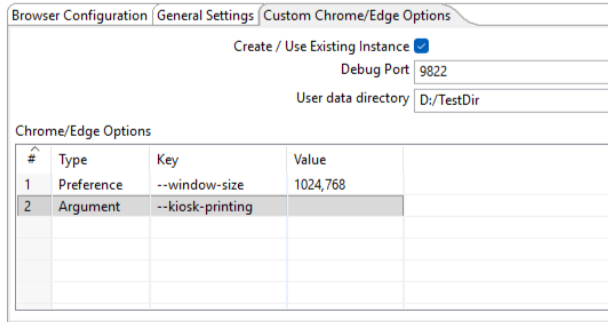 Custom Chrome/Edge Options tab in the Start Browser step