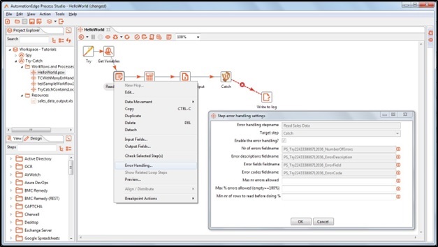 Error handling settings for steps between Try-Catch