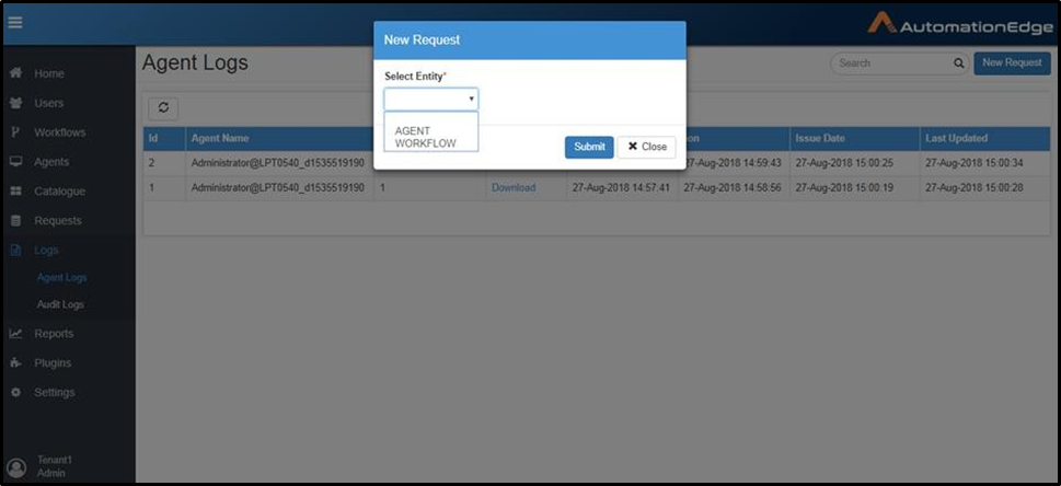 Agent Logs menu with New Request button for obtaining debug logs