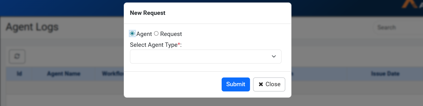 Agent Logs menu with New Request button for obtaining debug logs