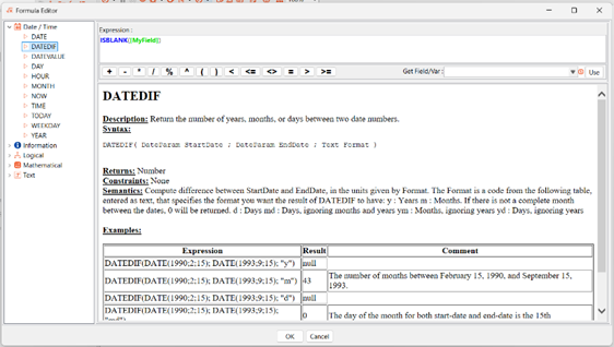 Formula editor window with function groups and expression field