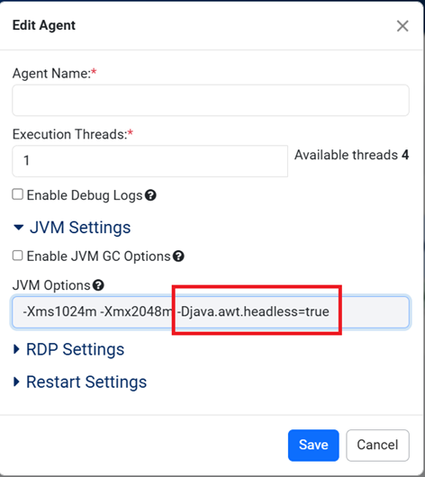 Edit Agent dialog box showing JVM Settings field